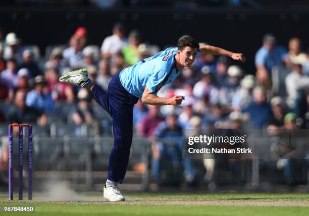 Matthew Fisher of Yorkshire runs into bowl during the Royal London One Day Cup match between Lancashire and Yorkshire Vikings at Old Trafford on June...