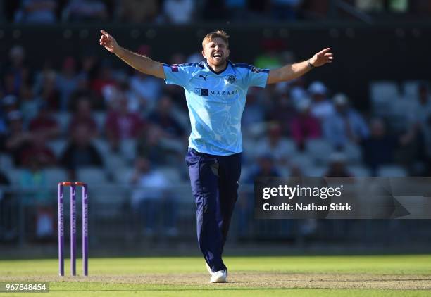 David Willey of Yorkshire celebrates getting Tom Bailey of Lancashire out during the Royal London One Day Cup match between Lancashire and Yorkshire...