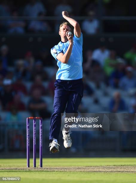 Steven Patterson of Yorkshire runs into bowl during the Royal London One Day Cup match between Lancashire and Yorkshire Vikings at Old Trafford on...