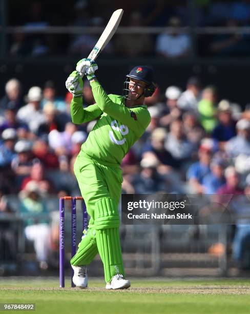 Keaton Jennings batting during the Royal London One Day Cup match between Lancashire and Yorkshire Vikings at Old Trafford on June 5, 2018 in...