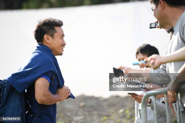 Yuto Nagatomo of Japan speaks to the media after a training session on June 5, 2018 in Seefeld, Austria.