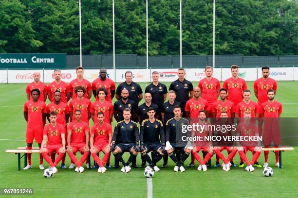 Belgium's national football team players pose at their traning centre in Tubize on June 4, 2018. Laurent Ciman, Toby Alderweireld, Leander...