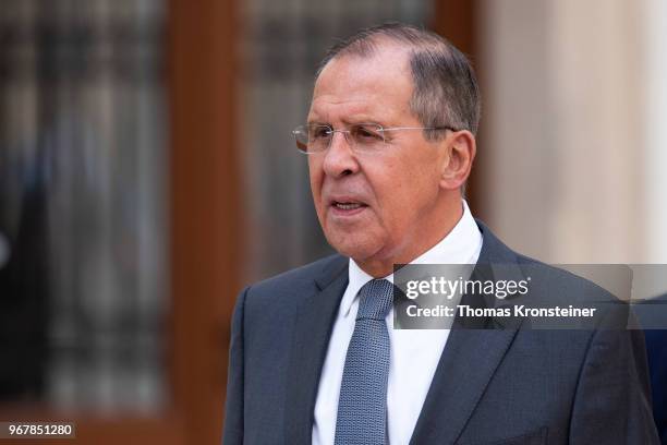 Russian Foreign Minister Sergei Lavrov is seen ahead of Russian President Vladimir Putin arrival at Hofburg palace on June 5, 2018 in Vienna,...