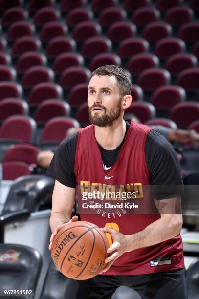 Kevin Love of the Cleveland Cavaliers shoots during practice and media availability as part of the 2018 NBA Finals on June 05, 2018 at Quicken Loans...