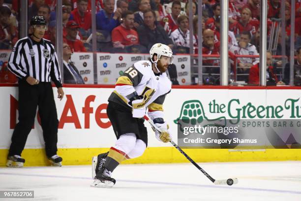 James Neal of the Vegas Golden Knights carries the puck against the Washington Capitals during the second period in Game Four of the 2018 NHL Stanley...