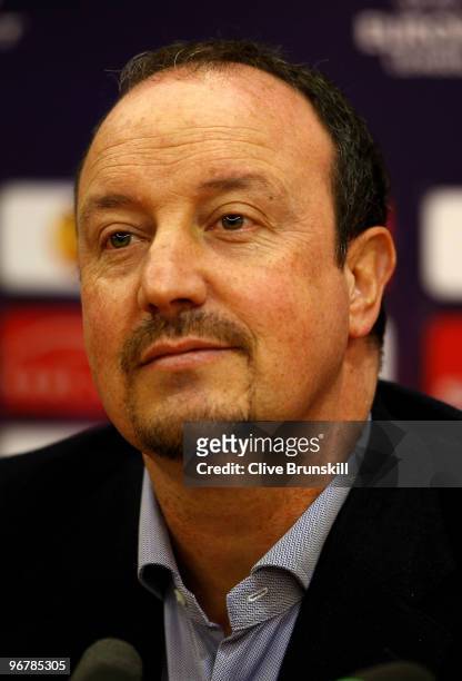 Liverpool manager Rafael Benitez attends a press conference prior to the UEFA Europa League round of 32 first-leg match between Liverpool and Unirea...