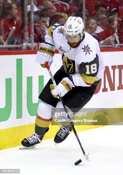 James Neal of the Vegas Golden Knights carries the puck against the Washington Capitals during the first period in Game Four of the 2018 NHL Stanley...