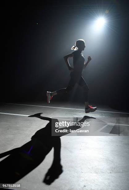 Deena Kastor at the ASICS launch of the Blackout Track, the world's first running track to train the mind at The Printworks on June 5, 2018 in...