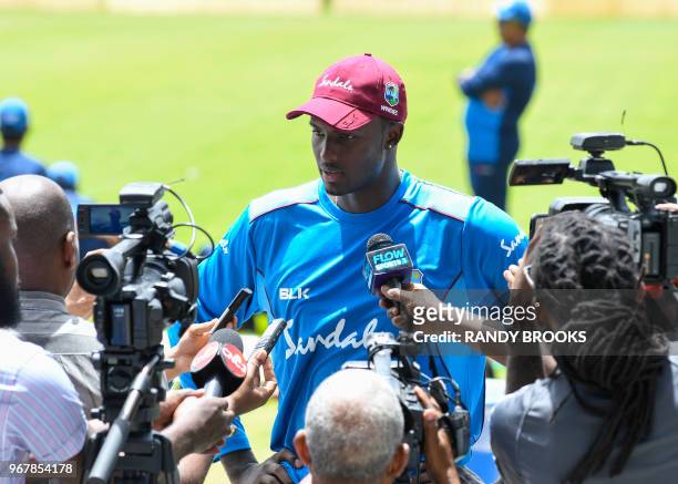 Jason Holder from West Indies tchat with the media during a training session one day ahead of the Cricket 1st Test between West Indies and Sri Lanka...