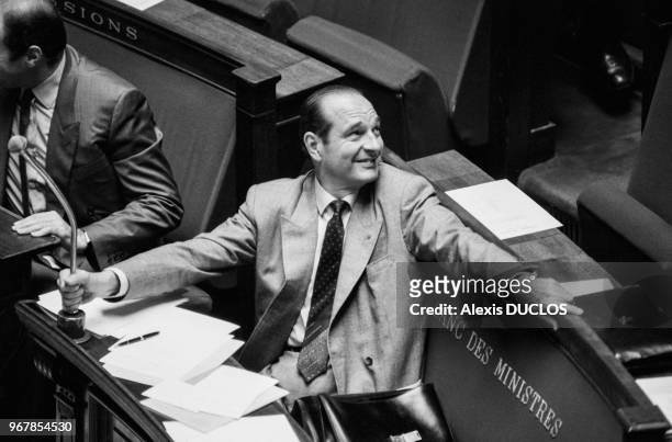Le Premier ministre Jacques Chirac sur les bancs de l'Assemblée nationale le 22 mai 1986 à Paris, France.