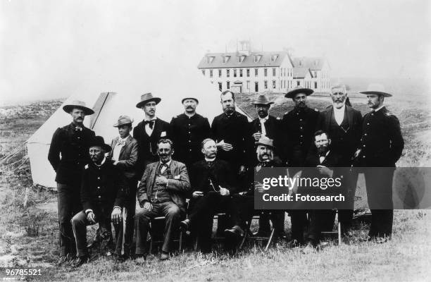 Photograph of Native American Commissioners and Officers With Native Scout in Pine Ridge, South Dakota, circa 1891.