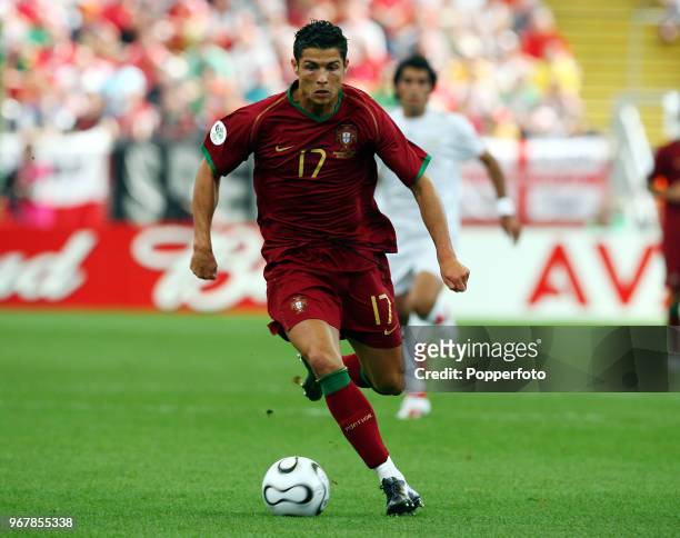 Cristiano Ronaldo of Portugal in action during the FIFA World Cup Group D match between Portugal and Iran at the Stadium in Frankfurt on June 17,...