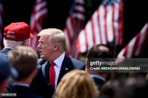 President Donald Trump greets attendants after in the "Celebration of America" at the White House in Washington, DC, on June 5, 2018. - Trump's "The...