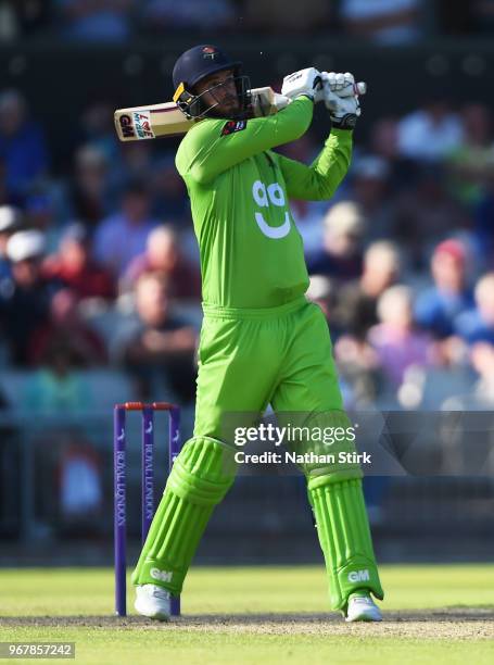 Jordan Clark of Lancashire batting during the Royal London One Day Cup match between Lancashire and Yorkshire Vikings at Old Trafford on June 5, 2018...