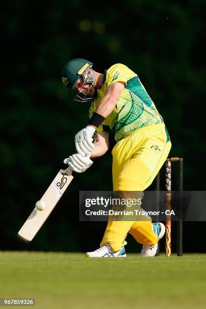 Dan Christian of the Australian Indigenous Men's cricket team bats against hits the MCC at Arundel cricket ground on June 5, 2018 in Various Cities,...