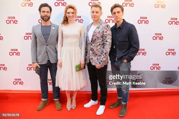Luke Norris, Eleanor Tomlinson, Christian Brassington and Jack Farthing during a photocall for 'Poldark' at Regal Cinema Redruth on June 5, 2018 in...