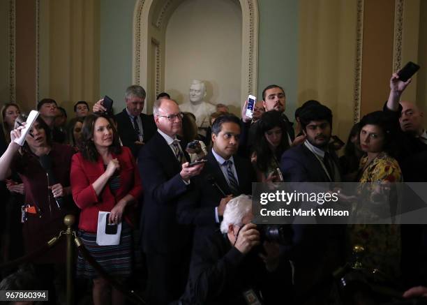 Members of the media listen to Senate Majority Leader Mitch McConnell speak after attending the Senate Republican policy luncheon on June 5, 2018 in...