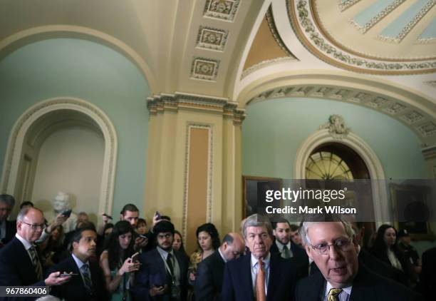 Senate Majority Leader Mitch McConnell speaks after attending the Senate Republican policy luncheon on June 5, 2018 in Washington, DC. McConnell...