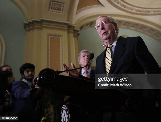 Senate Majority Leader Mitch McConnell speaks after attending the Senate Republican policy luncheon on June 5, 2018 in Washington, DC. McConnell...