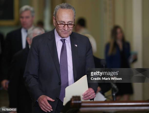 Senate Minority Leader Charles Schumer arrives to the media after attending the Senate Democrats policy luncheon on June 5, 2018 in Washington, DC....