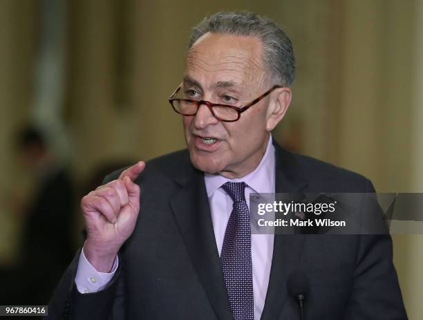 Senate Minority Leader Charles Schumer , speaks to the media after attending the Senate Democrats policy luncheon on June 5, 2018 in Washington, DC....