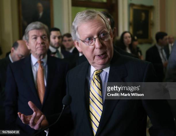 Senate Majority Leader Mitch McConnell speaks after attending the Senate Republican policy luncheon on June 5, 2018 in Washington, DC. McConnell...