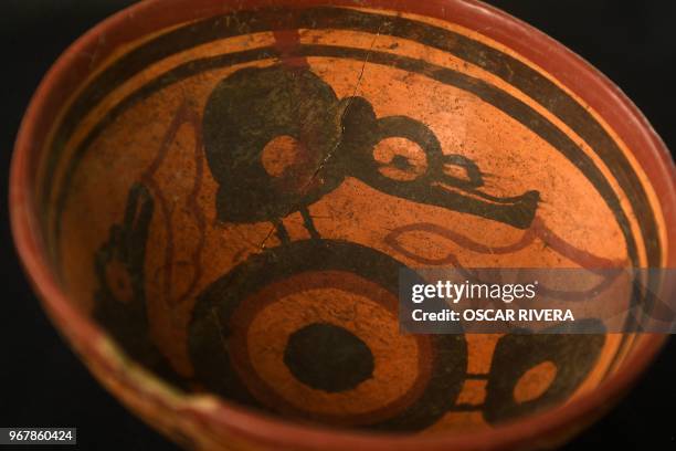 Picture of a ceramic object found at the San Andres Archeological Park in San Juan Opico, 32 km west of San Salvador taken on June 5, 2018 during the...