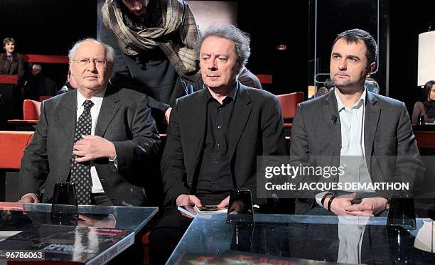 French lawyer Serge Klarsfeld, French Jean-Pierre Gueno, and French union SGP FO national secretary Nicolas Comte take part in a special tv show on...