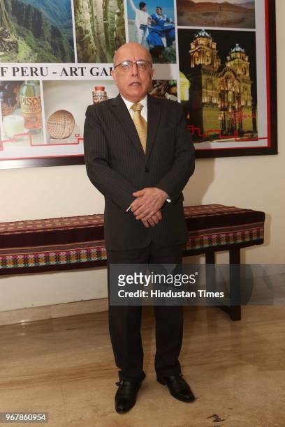Ambassador of Peru to India Jorge Castaneda during the first anniversary of opening of Art gallery of Embassy of Peru and inauguration of Peru's...