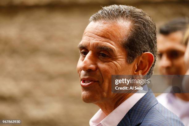 Democratic candidate for governor Antonio Villaraigosa talks to media after submitting his completed mail ballot Tuesday morning June 5, 2018 at...