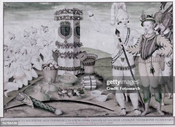 Painting of Rene Goulaine de Laudonniere and Chief Athore in front of Ribaults Column, circa 1560.