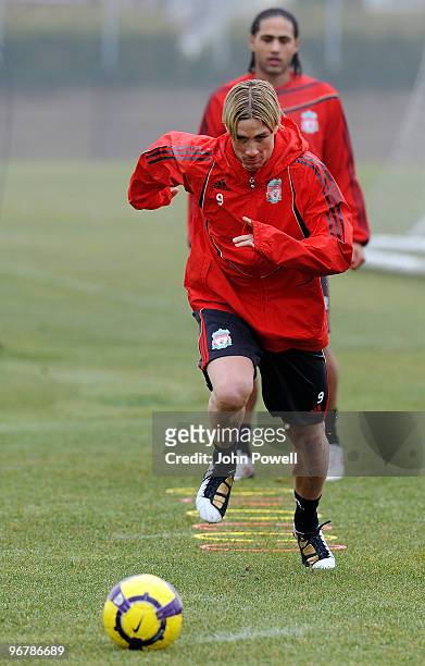Back on the ball after his injury Fernando Torres in action during a training session at Melwood Training Ground on February 17, 2010 in Liverpool,...