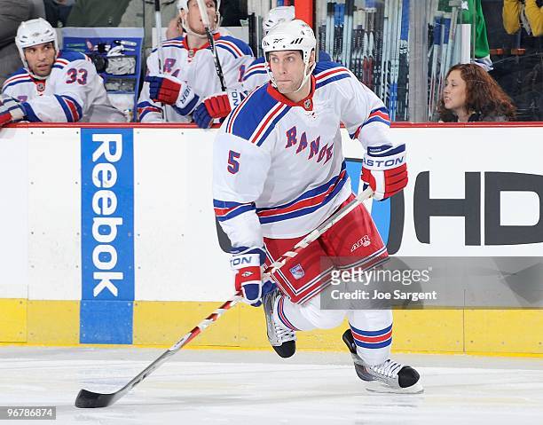 Dan Girardi of the New York Rangers skates against the Pittsburgh Penguins on February 12, 2010 at the Mellon Arena in Pittsburgh, Pennsylvania.