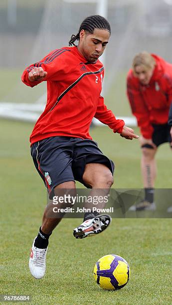 Back on the ball after his injury, Glen Johnson in action during a training session at Melwood Training Ground on February 17, 2010 in Liverpool,...