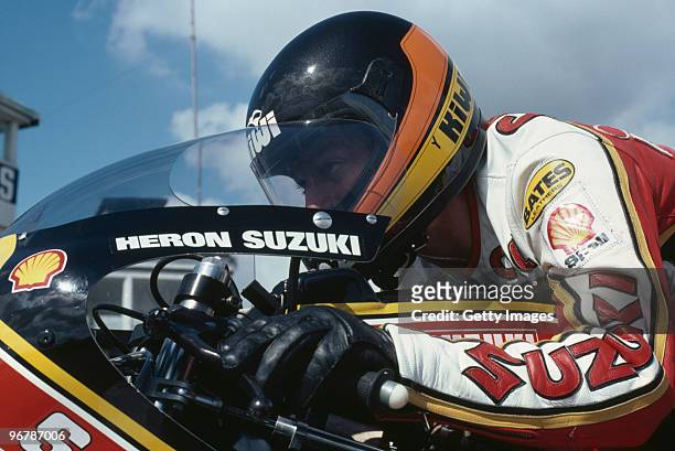 New Zealander Graeme Crosby competing for Heron-Suzuki in the French motorcycle Grand Prix, 500cc class, at the Circuit Paul Ricard, France, 1980.