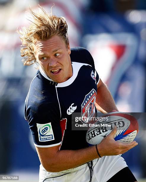 Paul Emerick of the United States runs in for try against Guyana during the IRB Sevens World Series at Sam Boyd Stadium February 14, 2010 in Las...