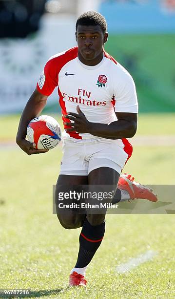Christian Wade of England runs with the ball against Kenya during the IRB Sevens World Series at Sam Boyd Stadium February 14, 2010 in Las Vegas,...