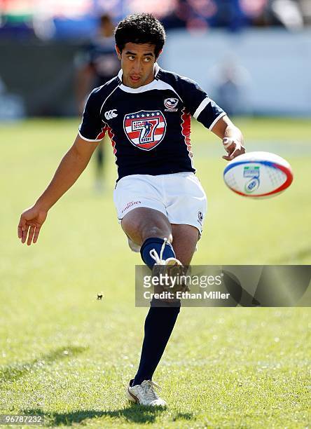 Nese Malifa of the United States kicks a conversion against Guyana during the IRB Sevens World Series at Sam Boyd Stadium February 14, 2010 in Las...