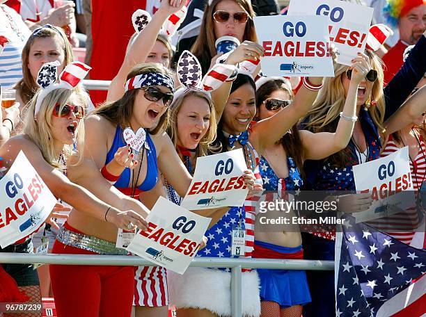 Female fans of the United States cheer as the team takes the pitch for a game against Guyana during the IRB Sevens World Series at Sam Boyd Stadium...