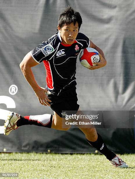 Kenji Shomen of Japan runs in for a try against Chile during the IRB Sevens World Series at Sam Boyd Stadium February 14, 2010 in Las Vegas, Nevada....