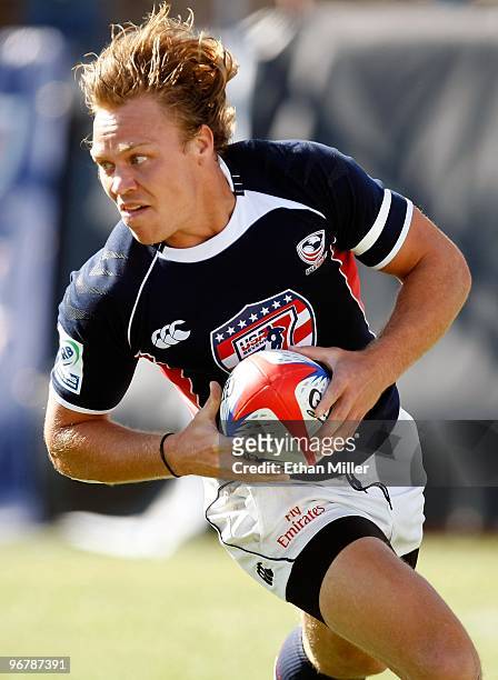 Paul Emerick of the United States runs in for try against Guyana during the IRB Sevens World Series at Sam Boyd Stadium February 14, 2010 in Las...