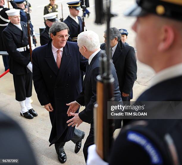 Secretary of Defense Robert Gates hosts an honor cordon to welcome Peru's Minister of Defense Rafael Rey to the Pentagon on February 17, 2010 in...
