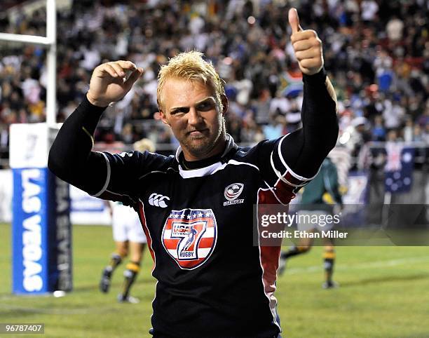 Matt Hawkins of the United States gives the crowd a thumbs up as he celebrates the team's 28-17 victory over France in the Bowl Final match of the...