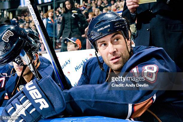 Ethan Moreau of the Edmonton Oilers sits on the bench prior to a game against the Anaheim Ducks at Rexall Place on February 14, 2010 in Edmonton,...