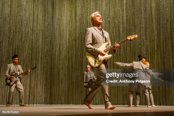 David Byrne performs on stage at Keller Auditorium during his American Utopia tour, May 27, 2018 in Portland, Oregon.