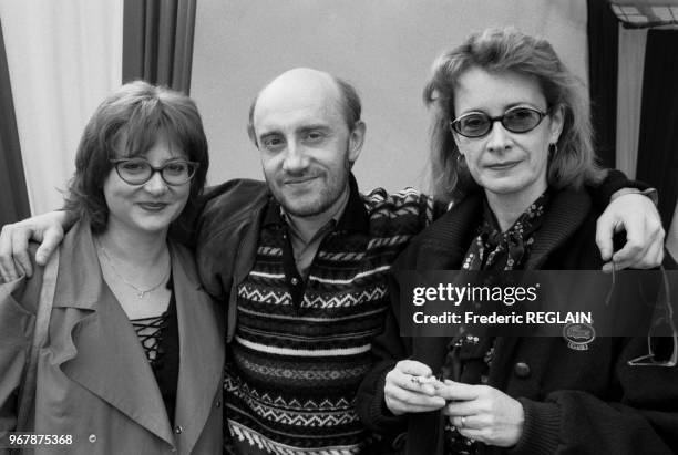 Josianne Balasko, Michel Blanc et Dominique Lavanant lors d'un cocktail pour le lancement de la Citroën AX à Paris le 16 mai 1987, France.