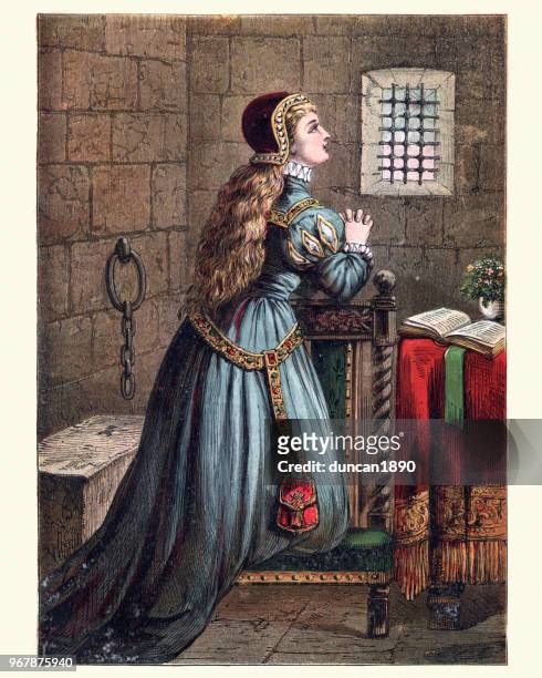 medieval woman held prisoner in the tower of london - 19th century prisoner stock illustrations