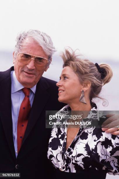 Gregory Peck et Jane Fonda le 22 mai 1989 à Cannes, France.