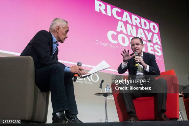 Ricardo Anaya, presidential candidate for the National Action Party , right, speaks while Jorge Ramos, journalist for Univision Communications Inc.,...
