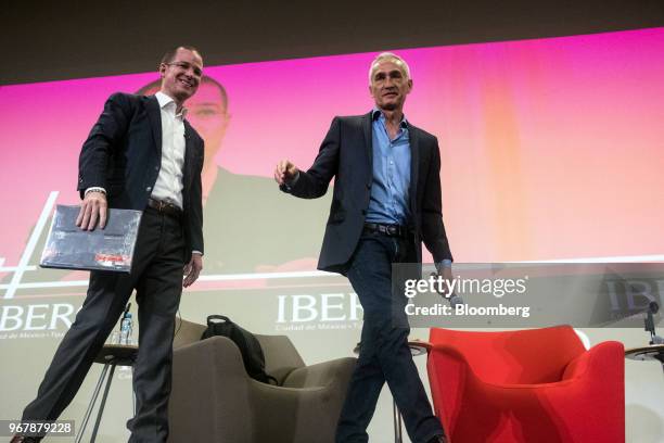 Ricardo Anaya, presidential candidate for the National Action Party , left, and Jorge Ramos, journalist for Univision Communications Inc., arrive on...